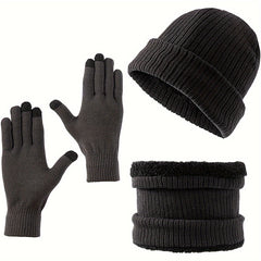 3 Piece Set Winter Scarf Gloves Hat Plus Velvet Knitted Warm Solid Breathable