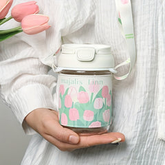 400ml Handheld Water Cup Tulip Printed Cover Leakproof Glass Cup