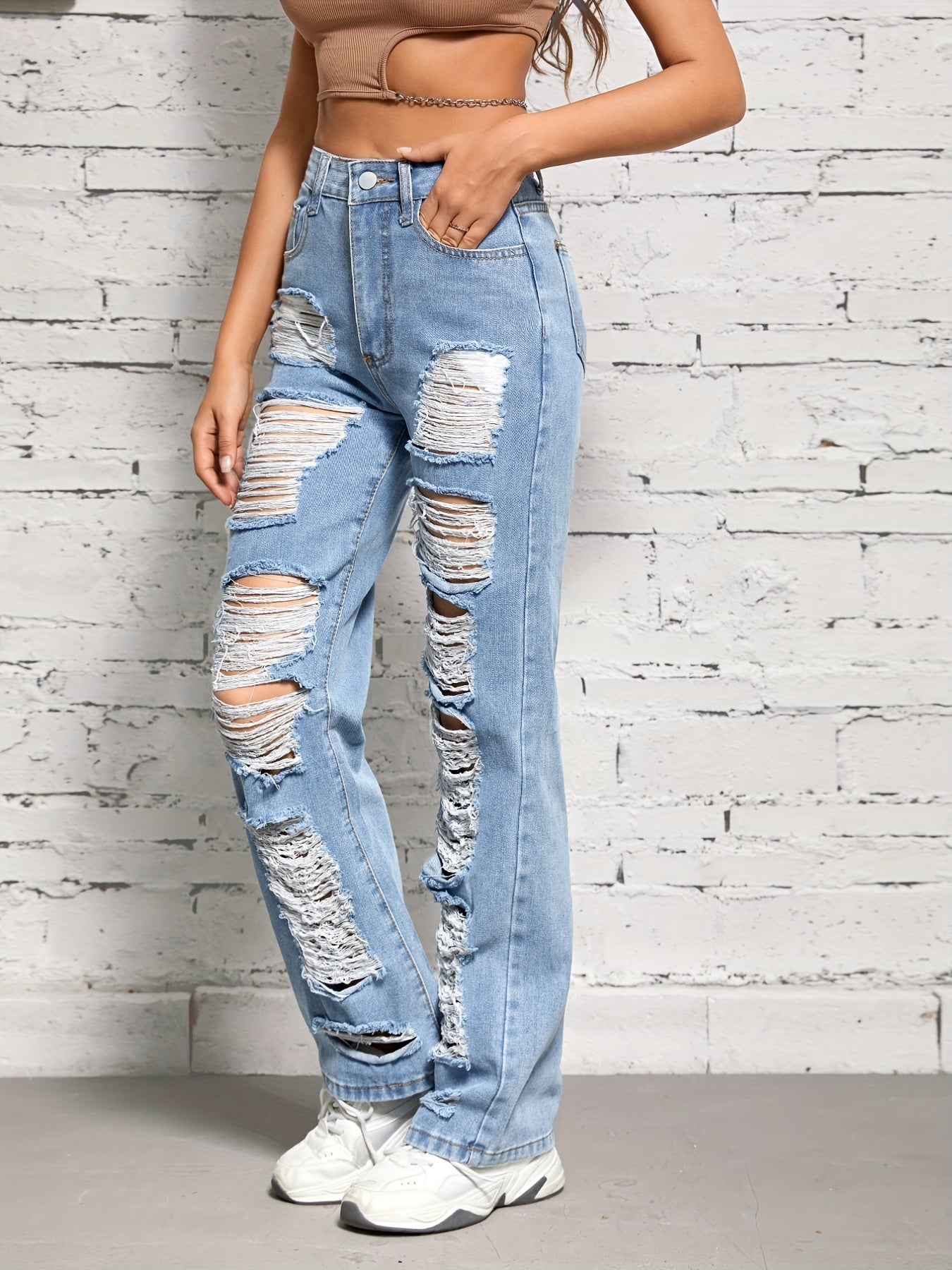 Street Style Distressed Jeans Ripped Holes Slash Pockets