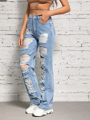 Street Style Distressed Jeans Ripped Holes Slash Pockets