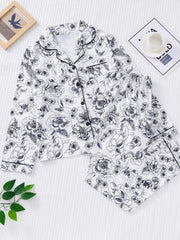 Heart Print Pajama Set Long Sleeve Buttons Top & Elastic Waistband Pants Women's