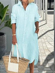 Button Up Roll Up Sleeve Shirt Dress With Pockets