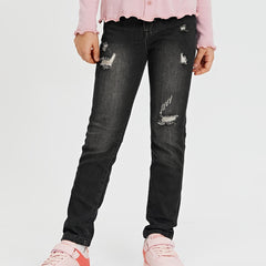 Girls Ripped Skinny Denim Trousers Zipper Fly Casual Jeans