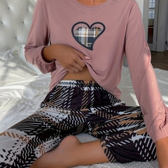 Heart Print Pajama Set with Plaid Pants