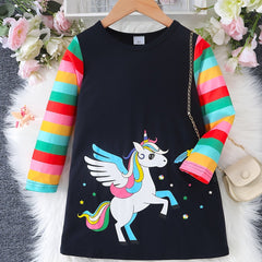Girls' Unicorn Print Long Sleeve T Shirt Dress for Party Lounge