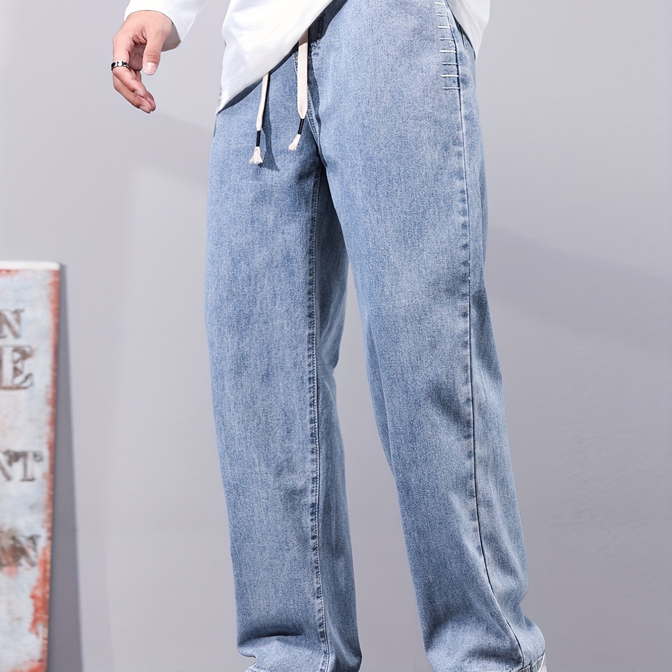 Distressed Drawstring Denim Pants for Men