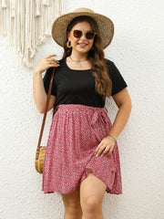 Colorblock Ditsy Print Round Neck Dress With Belt