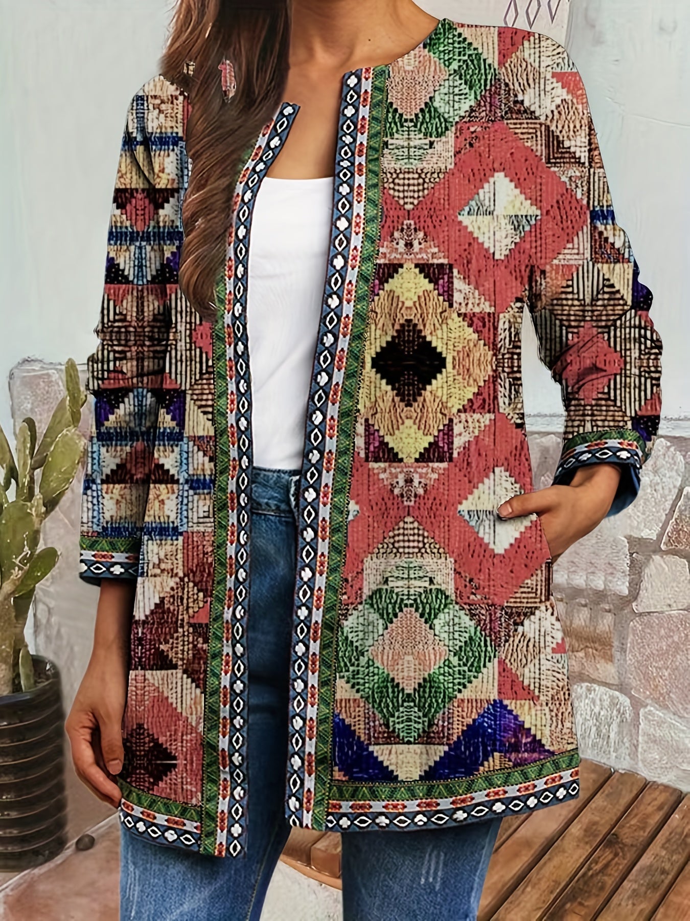 Ethnic Print Open Front Jacket Vintage Long Sleeve Crew Neck Outerwear