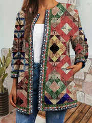 Ethnic Print Open Front Jacket Vintage Long Sleeve Crew Neck Outerwear
