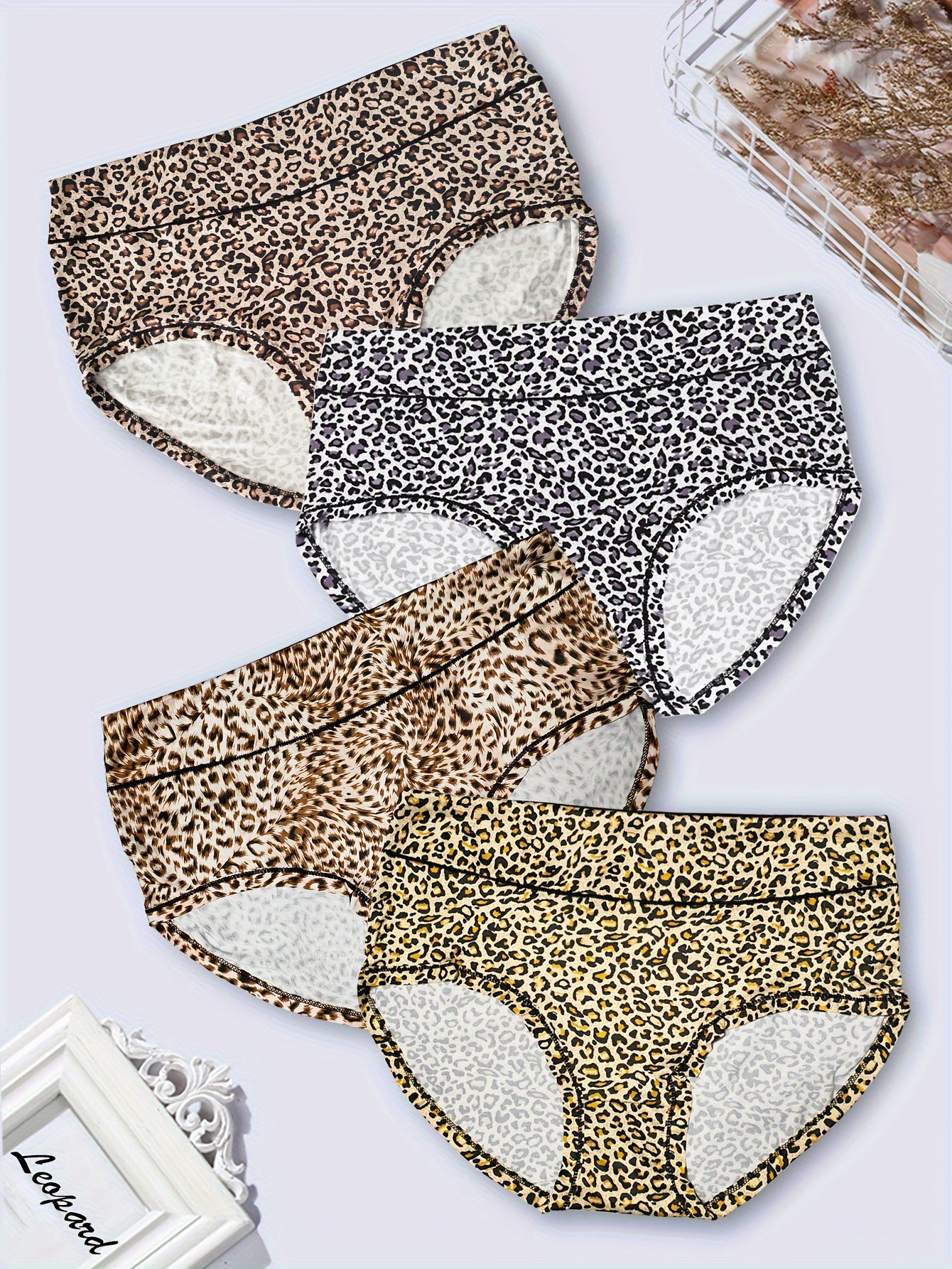 4 Pack Plus Size Sexy Panties Set Leopard Print Briefs Breathable Stretch 4pcs