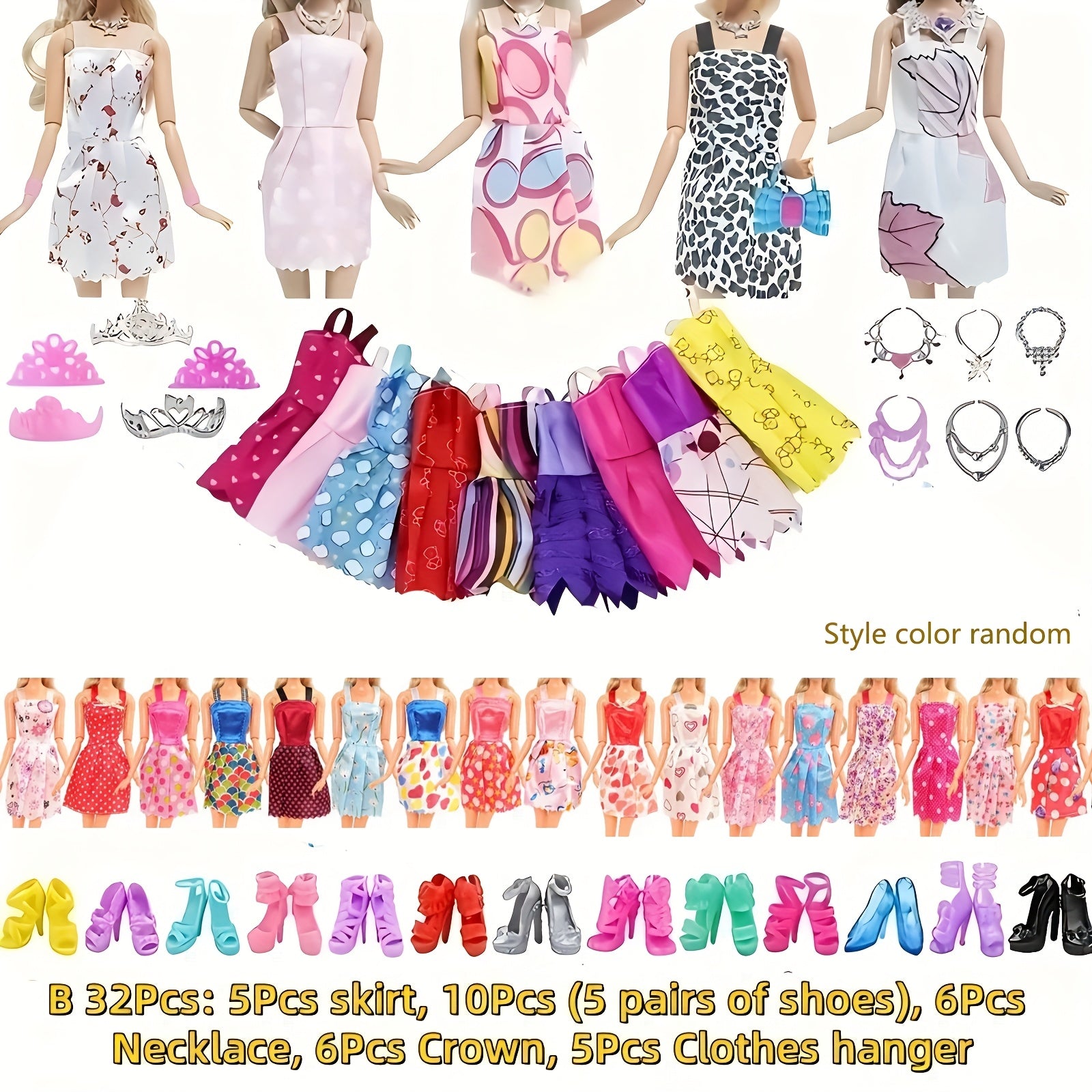 32pcs Doll Fashionista Outfit Set with Clothes Shoes Crown Necklace Jewelry