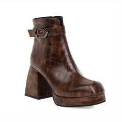 Women's Crocodile Ankle Boots Block Heel Side Zip Buckle Strap Retro Short Boots