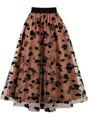 Floral Print Mesh High Rise A line Plus Size Skirt