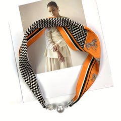 Silk Horse Print Infinity Scarf with Faux Pearl Magnetic Buckle