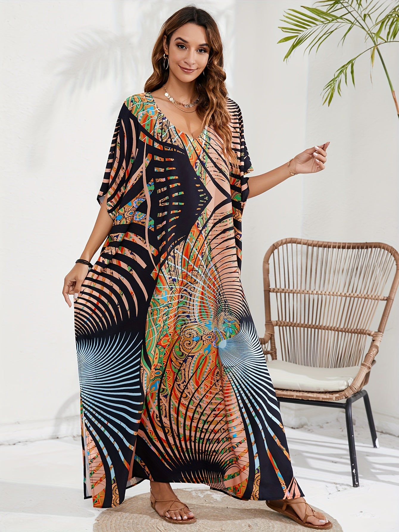 Boho Cover Up Plus Size Women's Batwing Sleeve V Neck Beach Cover Up Dress