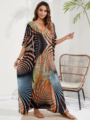 Boho Cover Up Plus Size Women's Batwing Sleeve V Neck Beach Cover Up Dress