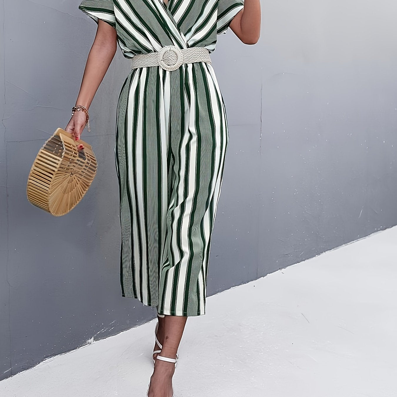 Striped Surplice Neck Belted Jumpsuit Casual Batwing Sleeve Jumpsuit
