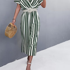 Striped Surplice Neck Belted Jumpsuit Casual Batwing Sleeve Jumpsuit
