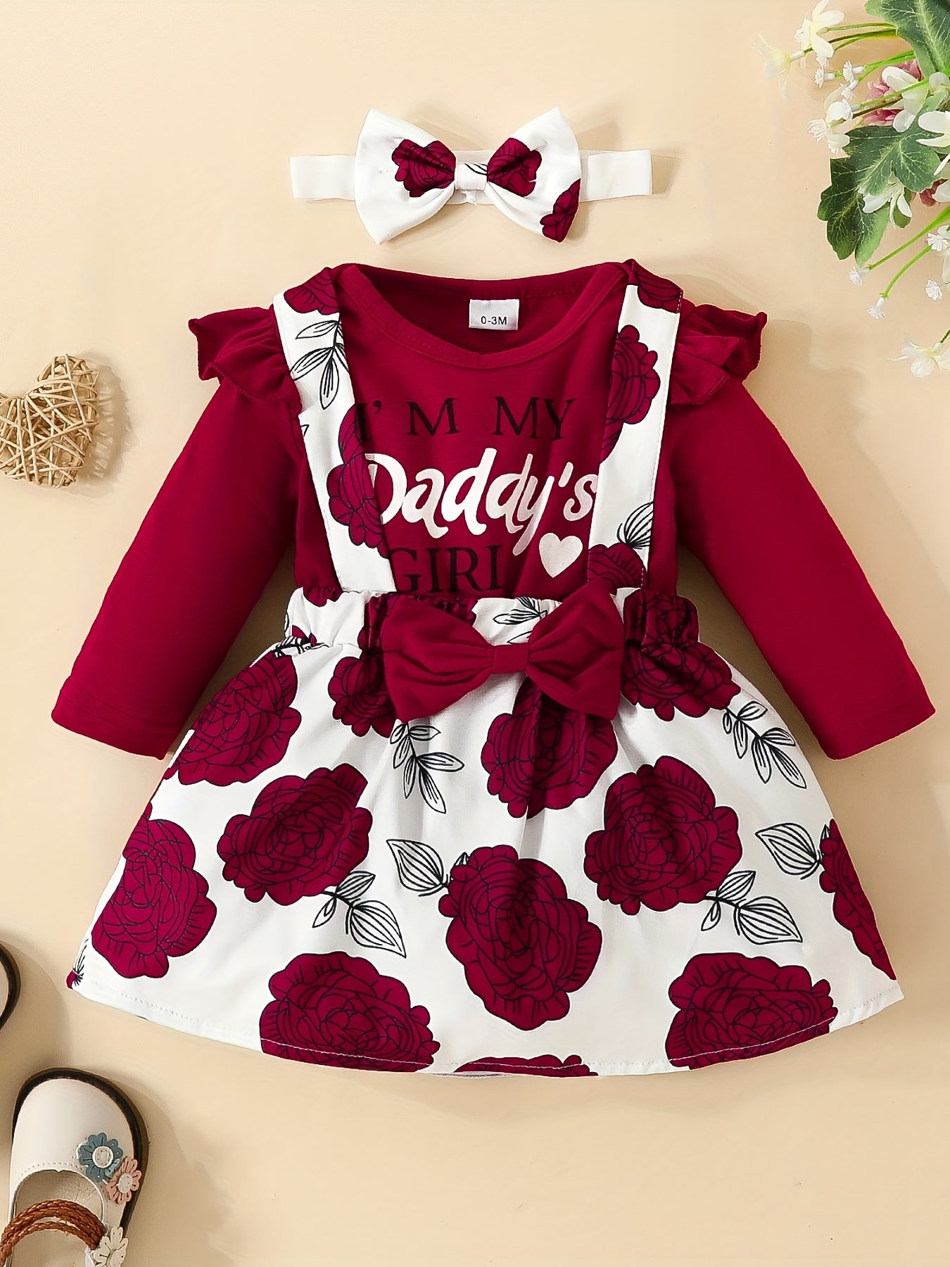3pcs Long Sleeve Triangle Onesie Suspender Dress Set Newborn Alphabet Print