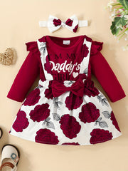 3pcs Long Sleeve Triangle Onesie Suspender Dress Set Newborn Alphabet Print