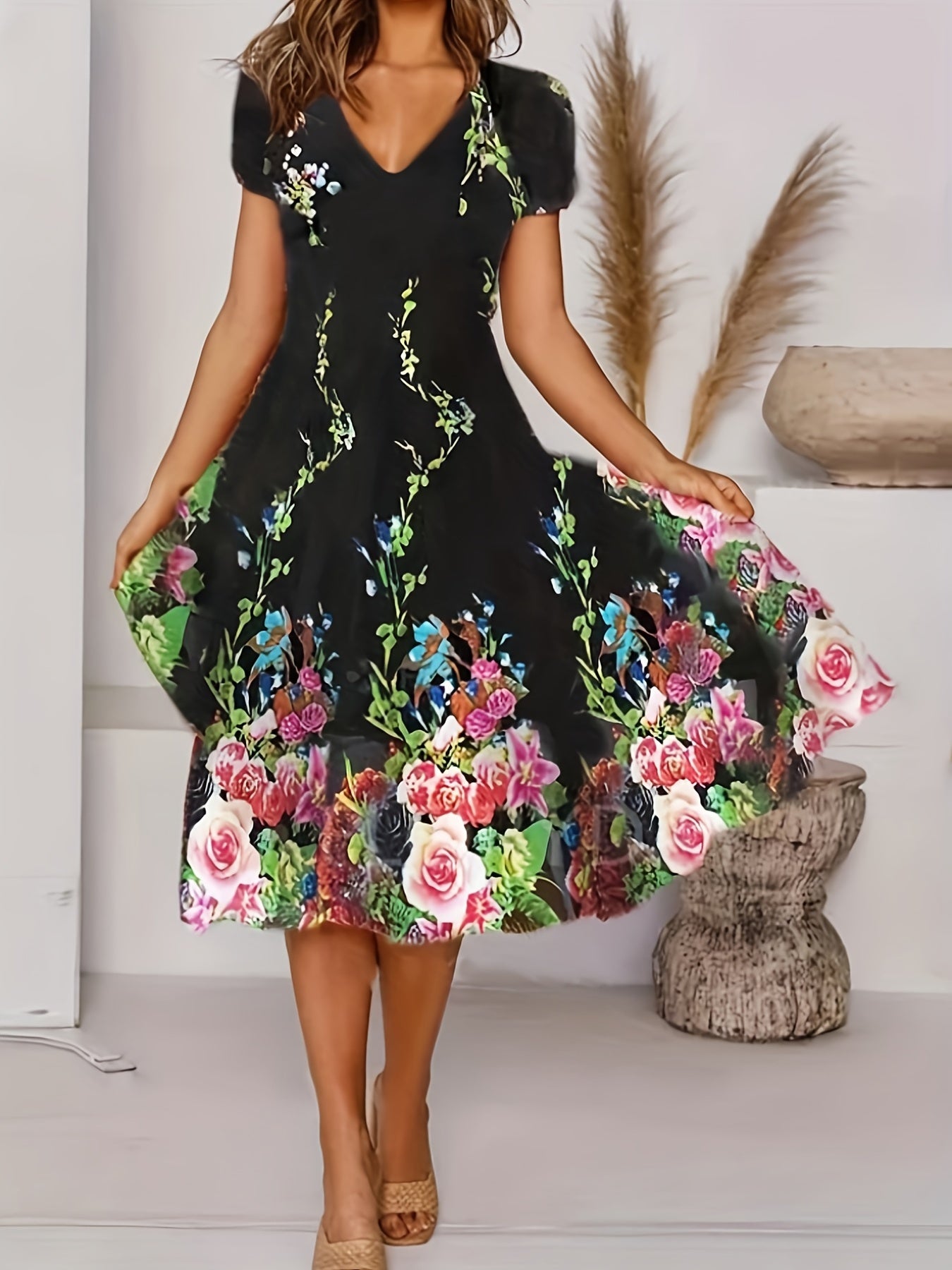 Floral V Neck Dress Short Sleeve for Spring & Summer