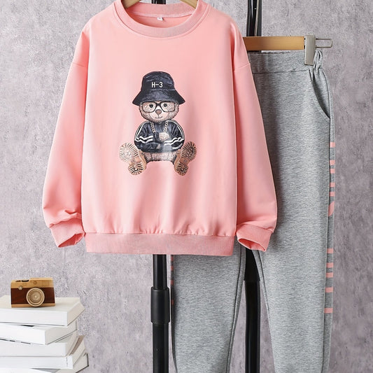 Girl's Cartoon Bear Sweatshirt & Sweatpants Set for Spring Fall