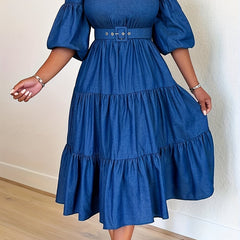 Ruched Puff Sleeve High Waist Dress Women's Clothing