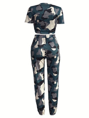 Camo Print Two-Piece Set Short Sleeve Tee & Jogger Pants
