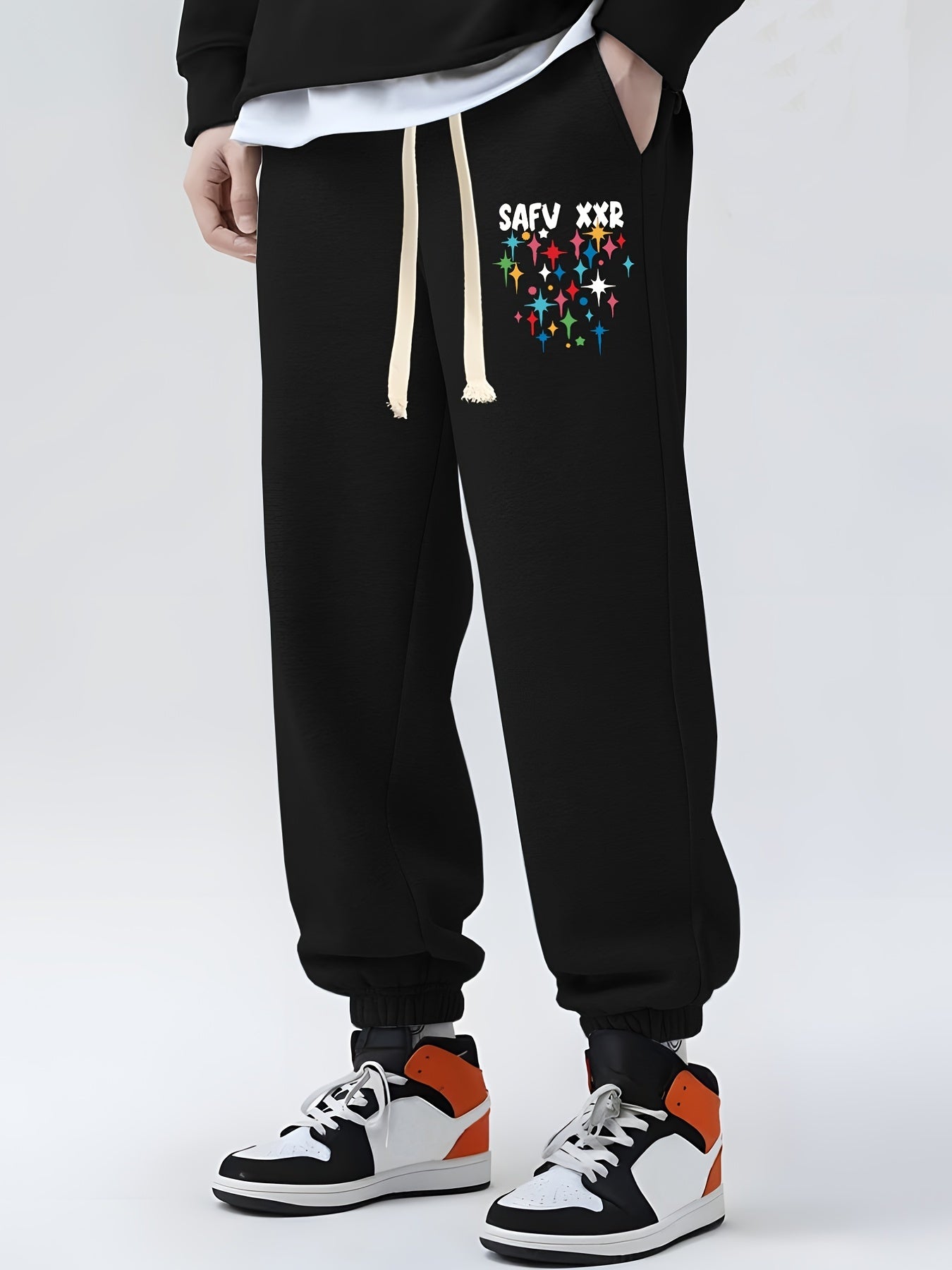 Sparkle Print Drawstring Sweatpants Loose Fit Pants Men's Casual Joggers