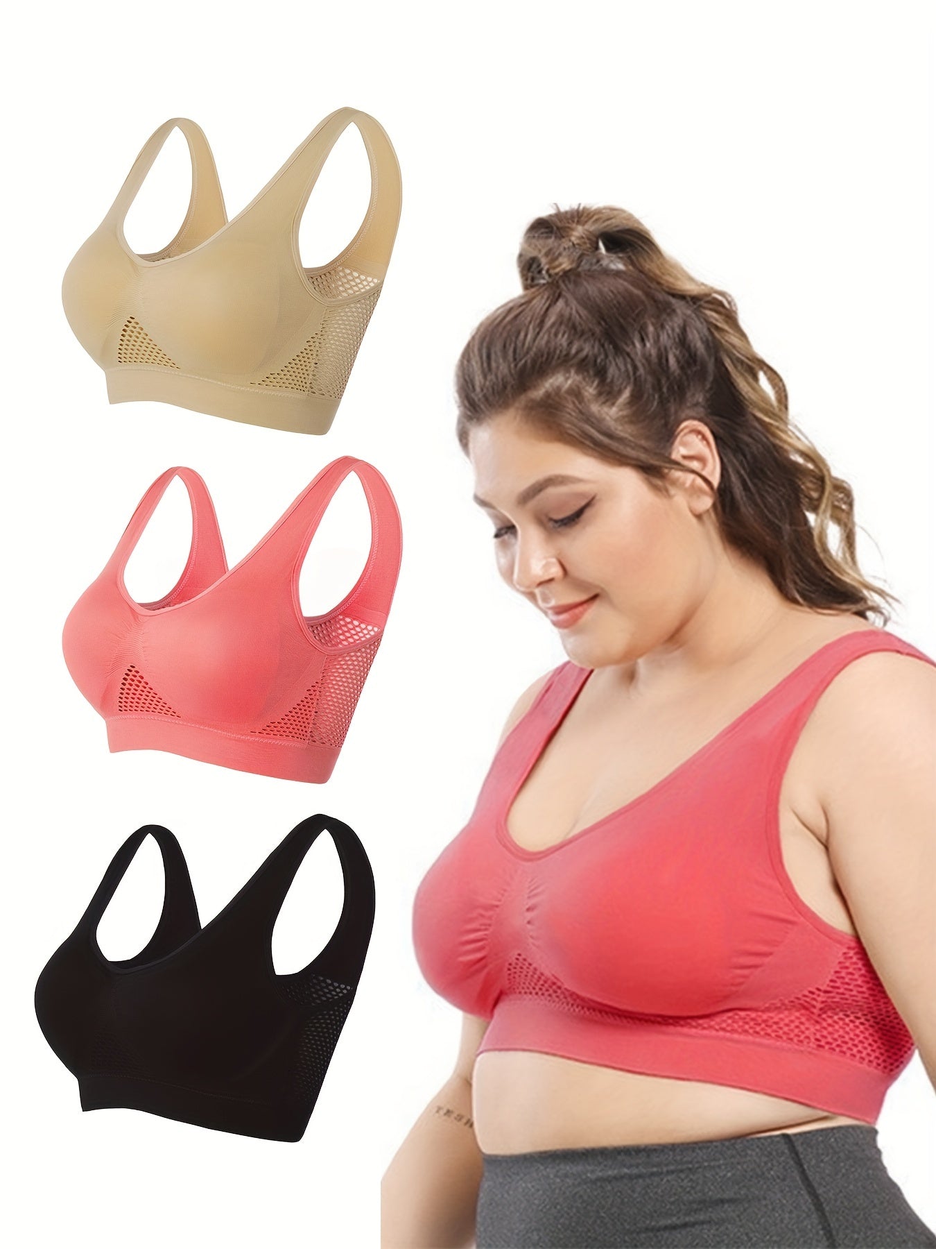 3 Pack Plus Size Sports Bra Set Seamless Hollow Mesh Yoga Bra 3pcs Set