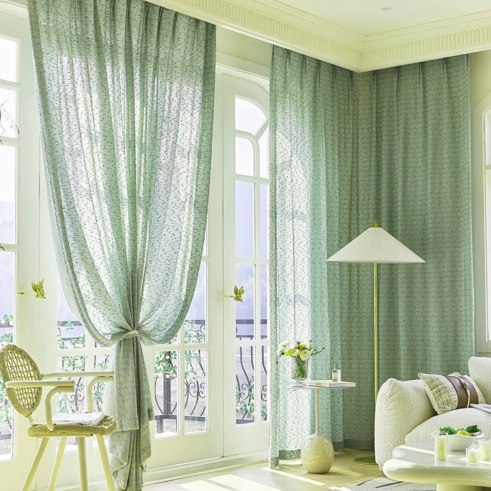 Vintage Mint Green Tulle Curtain with Silvery Thread - Thick Knit Textured