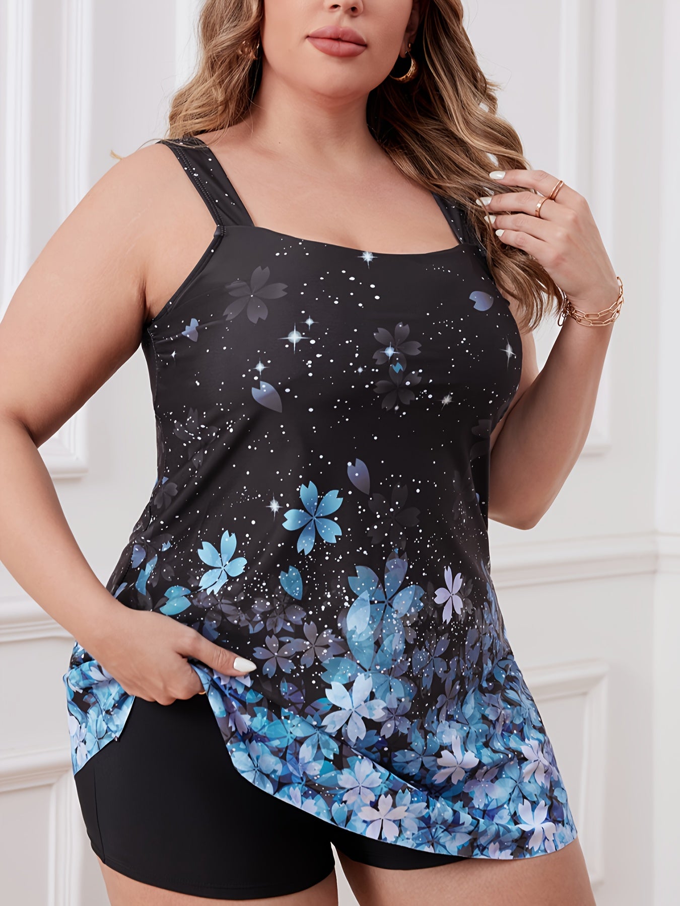 Glitter Sakura Print Tankini Set Round Neck Top & Shorts Swimsuit