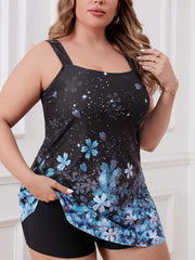 Glitter Sakura Print Tankini Set Round Neck Top & Shorts Swimsuit