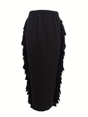 Solid Tassel Trim Maxi Midi Skirt