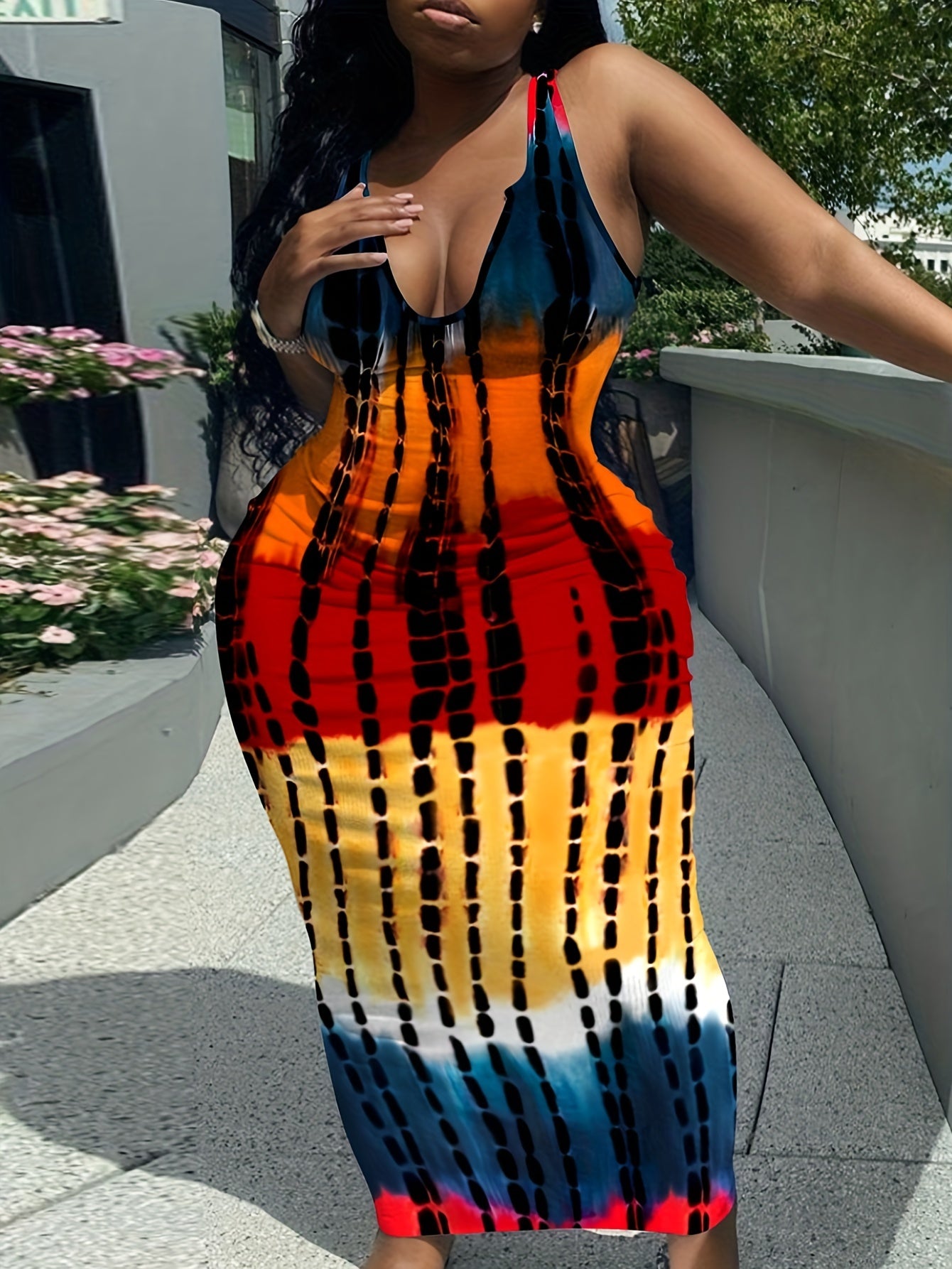 Colorblock Tie Dye Bodycon Maxi Tank Dress