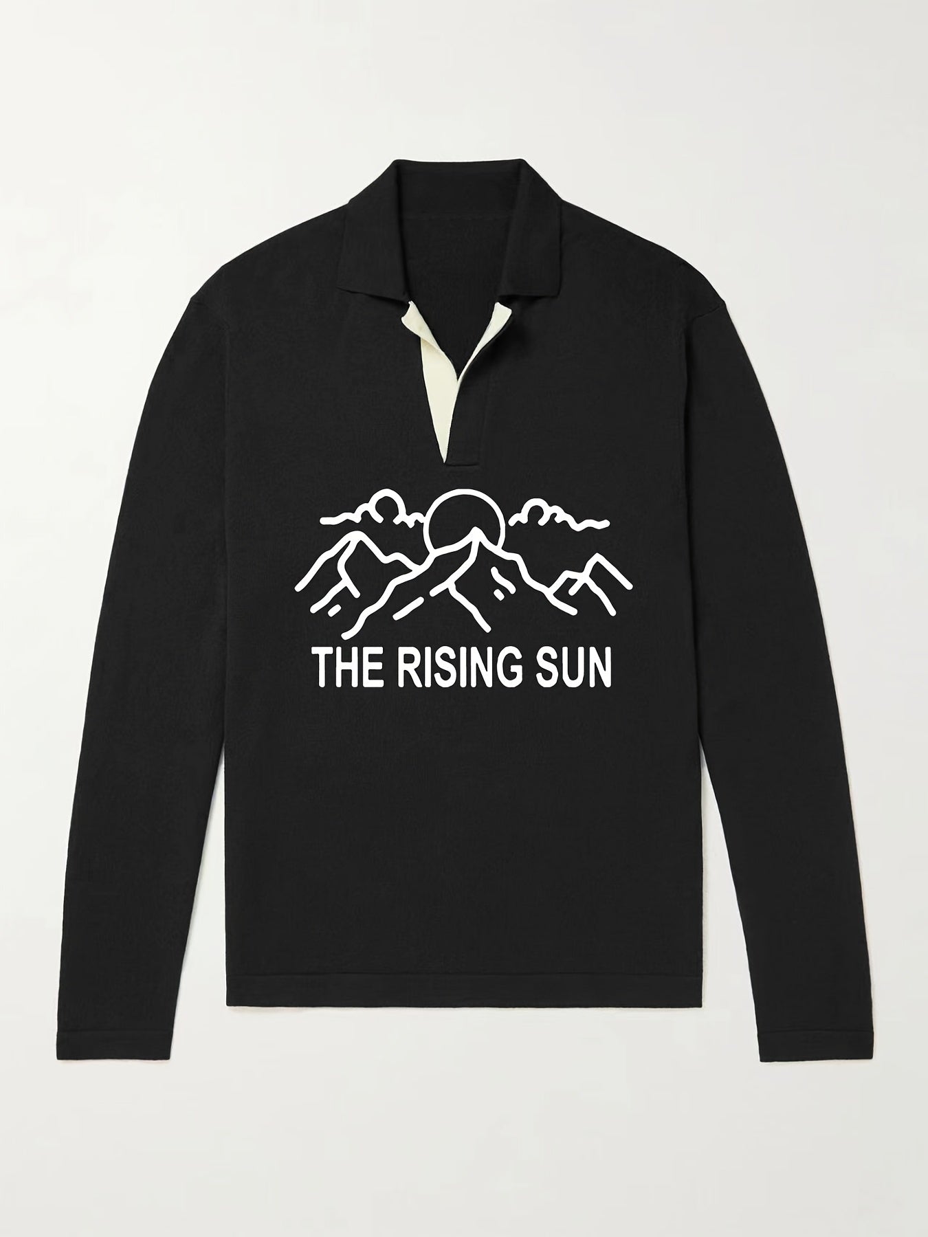 Rising Sun Pattern Knit Polo Shirt Men's Casual Stretch V Neck Pullover Sweater