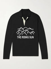 Rising Sun Pattern Knit Polo Shirt Men's Casual Stretch V Neck Pullover Sweater
