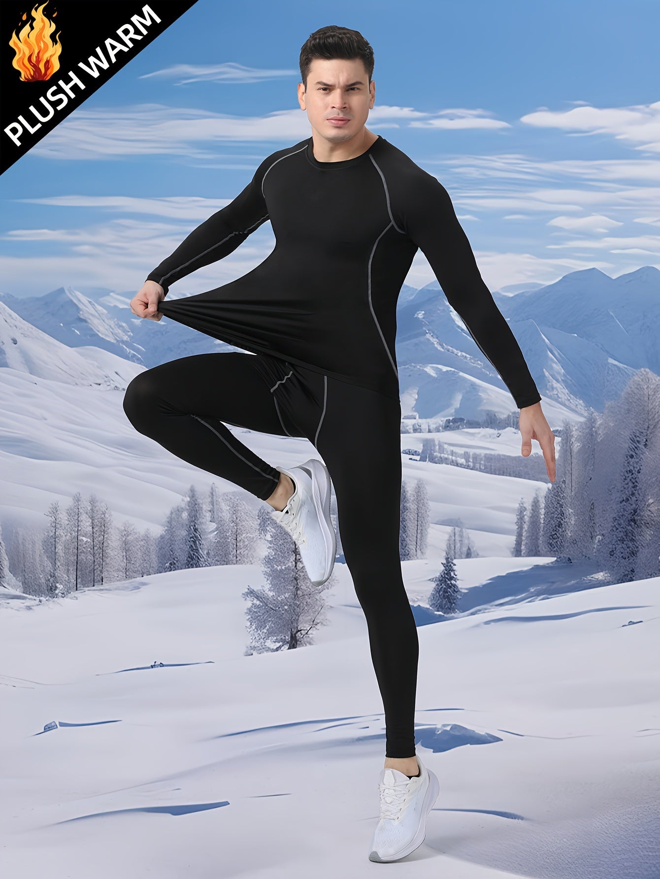 Men's Thermal Sports Set Quick Dry Warm Compression Long Sleeve Shirt & Leggings
