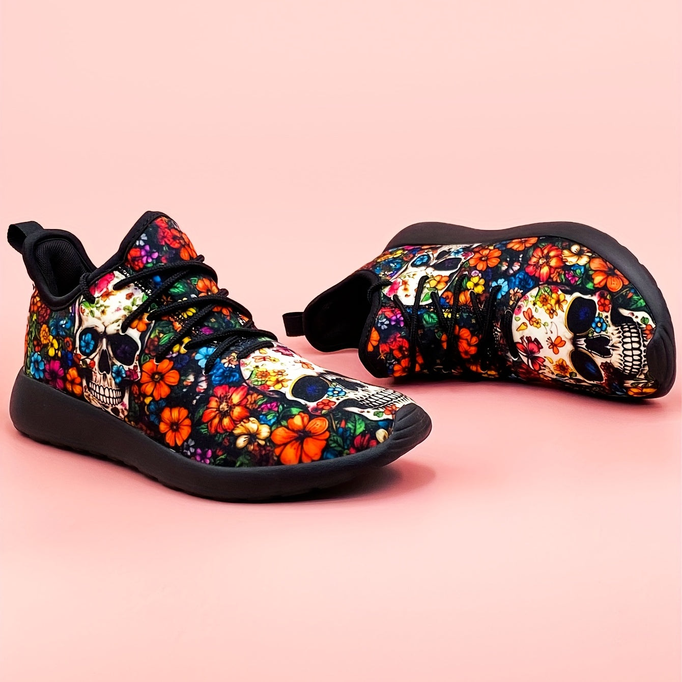 Women's Skull & Flowers Print Sneakers Lace Up Outdoor Shoes Lightweight Low Top