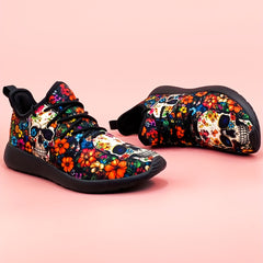 Women's Skull & Flowers Print Sneakers Lace Up Outdoor Shoes Lightweight Low Top