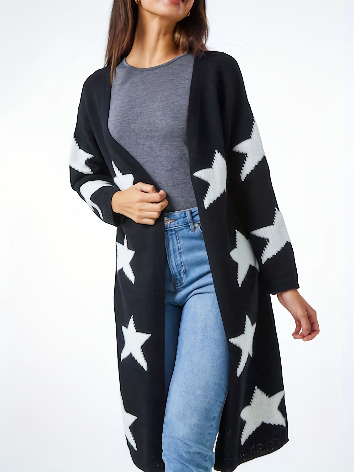Star Print Open Front Cardigan