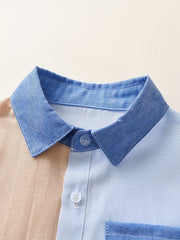 Boys Stylish Block Button Down Shirt Casual Long Sleeve Lapel