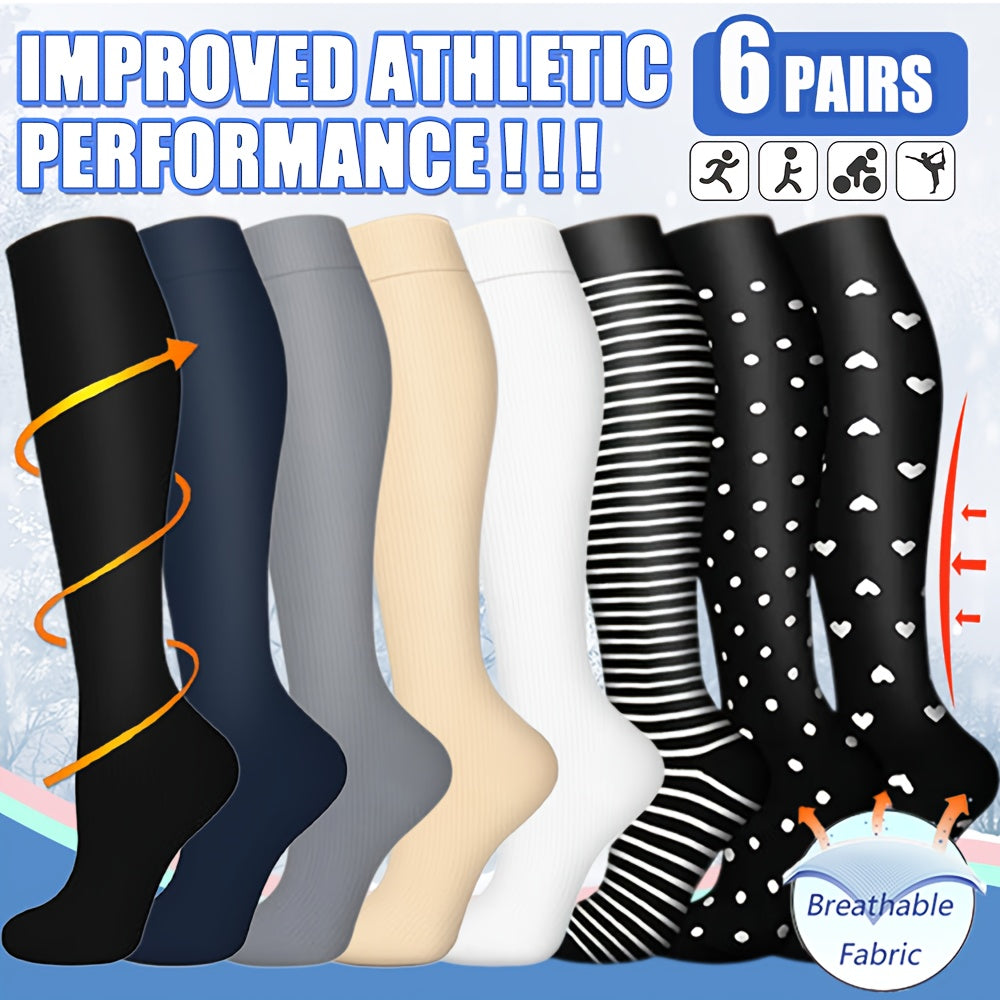 6 Pairs Compression Socks 15-20 mmHg Knee High Support