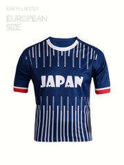 Japan Letter Print Striped Soccer Fans Jersey Crew Neck Short Sleeve