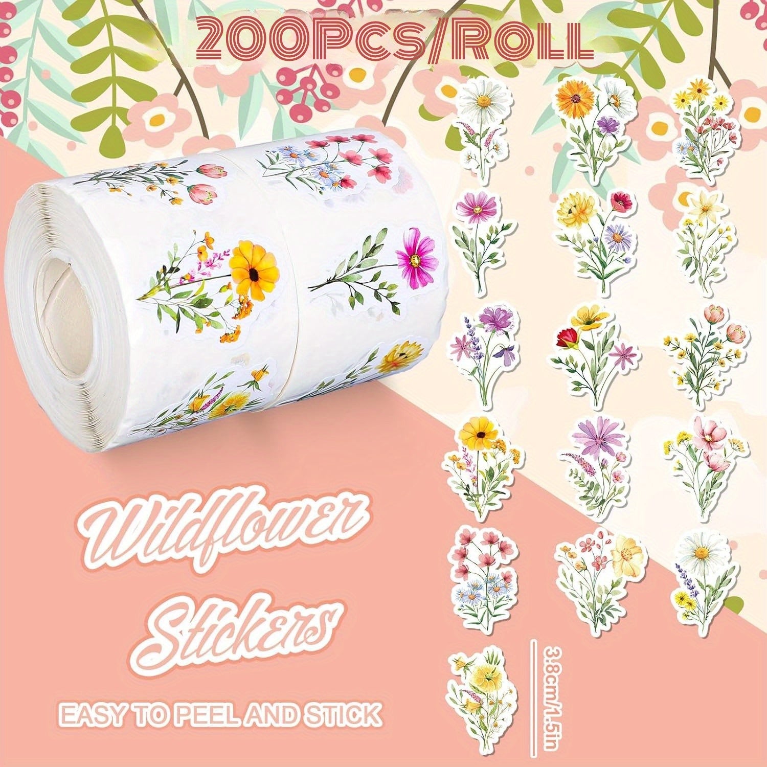 200pcs Wildflower Stickers Colorful Floral Paper Decals Self Adhesive