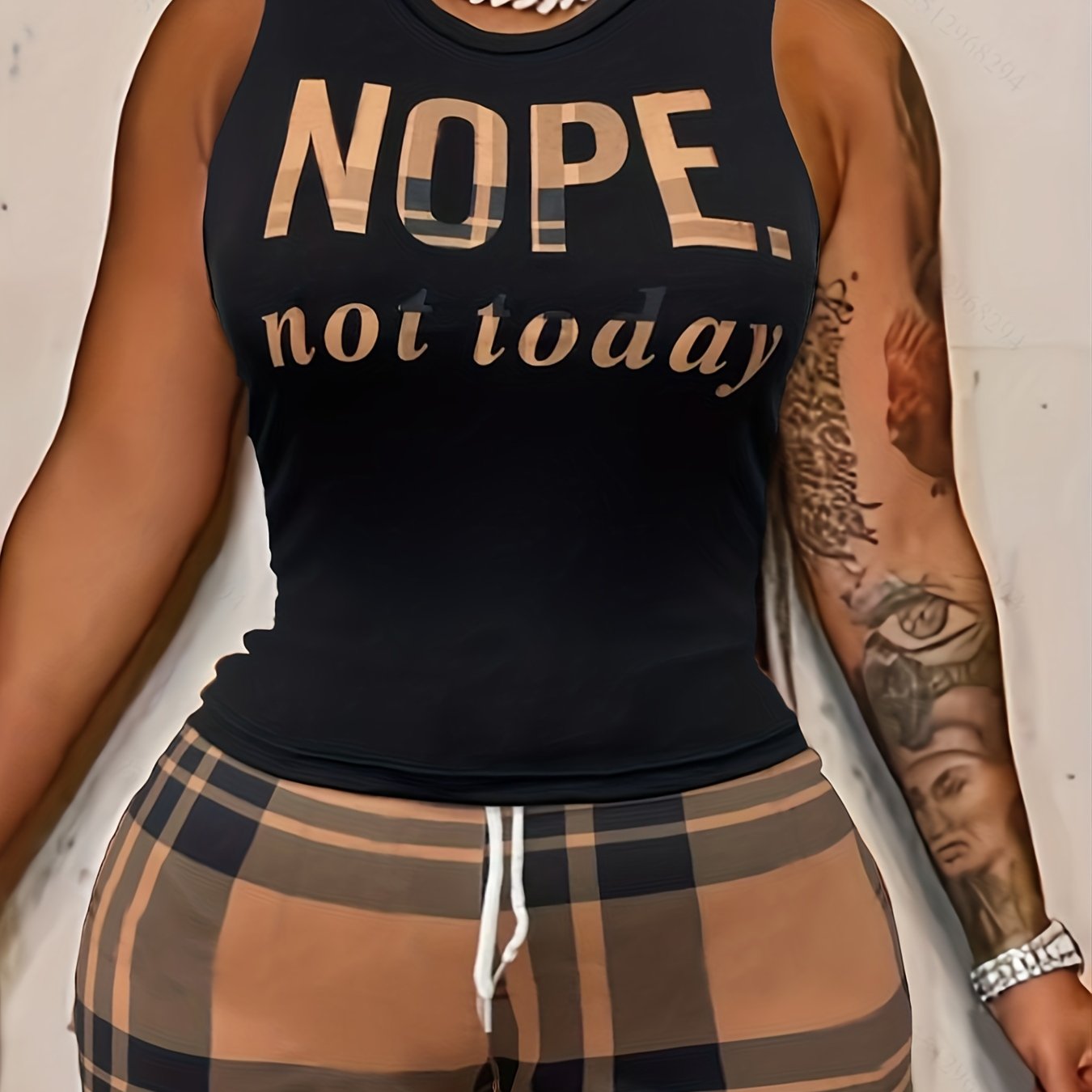 Plaid Letter Print Tank Top & Shorts 2 Piece Set
