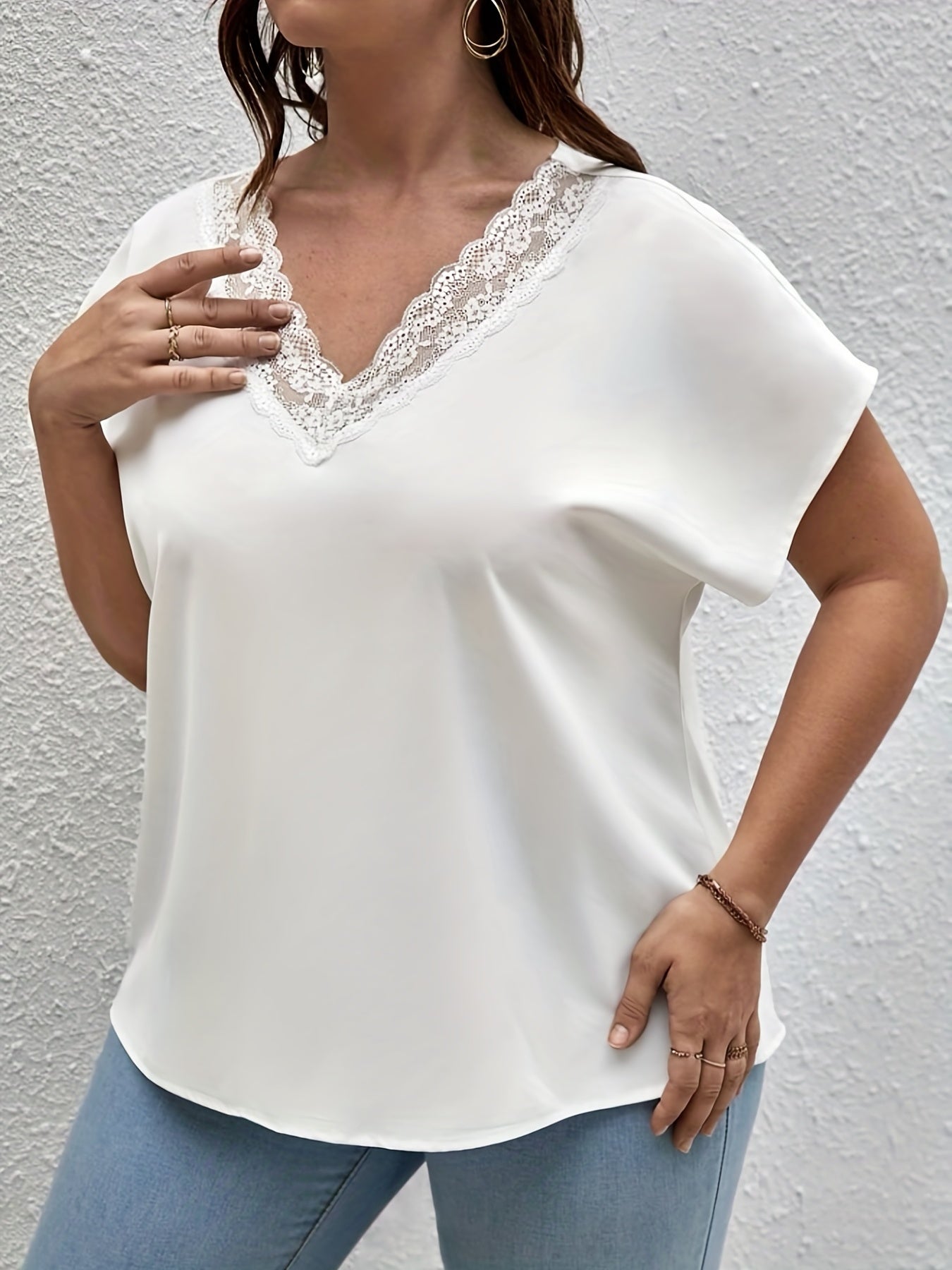 Solid Lace Bat Sleeve V Neck Tee Blouse