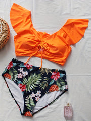 Colorblock Drawstring Bikini Set Plus Size