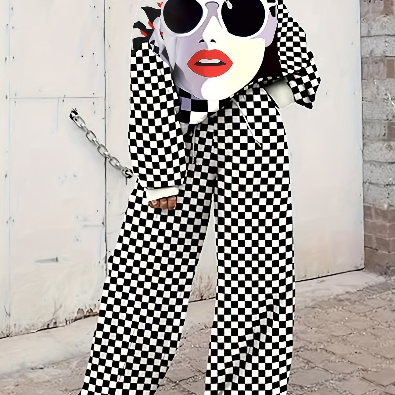 Funny Face & Checkerboard Print Top & Pants Set
