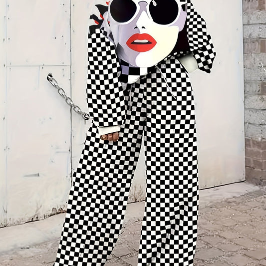 Funny Face & Checkerboard Print Top & Pants Set